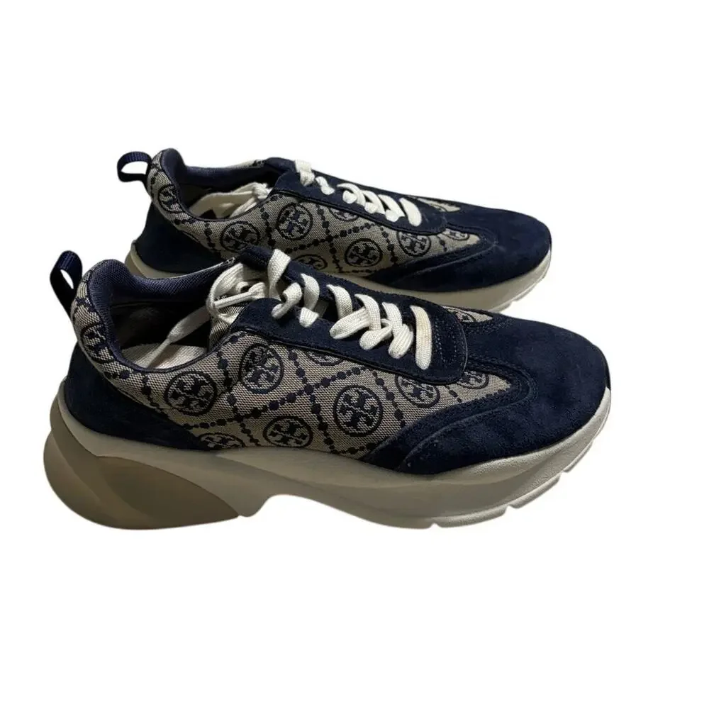 Tory Burch T Monogram Good Luck Trainer Sneakers Women's 9.5 Navy Gray Chunky